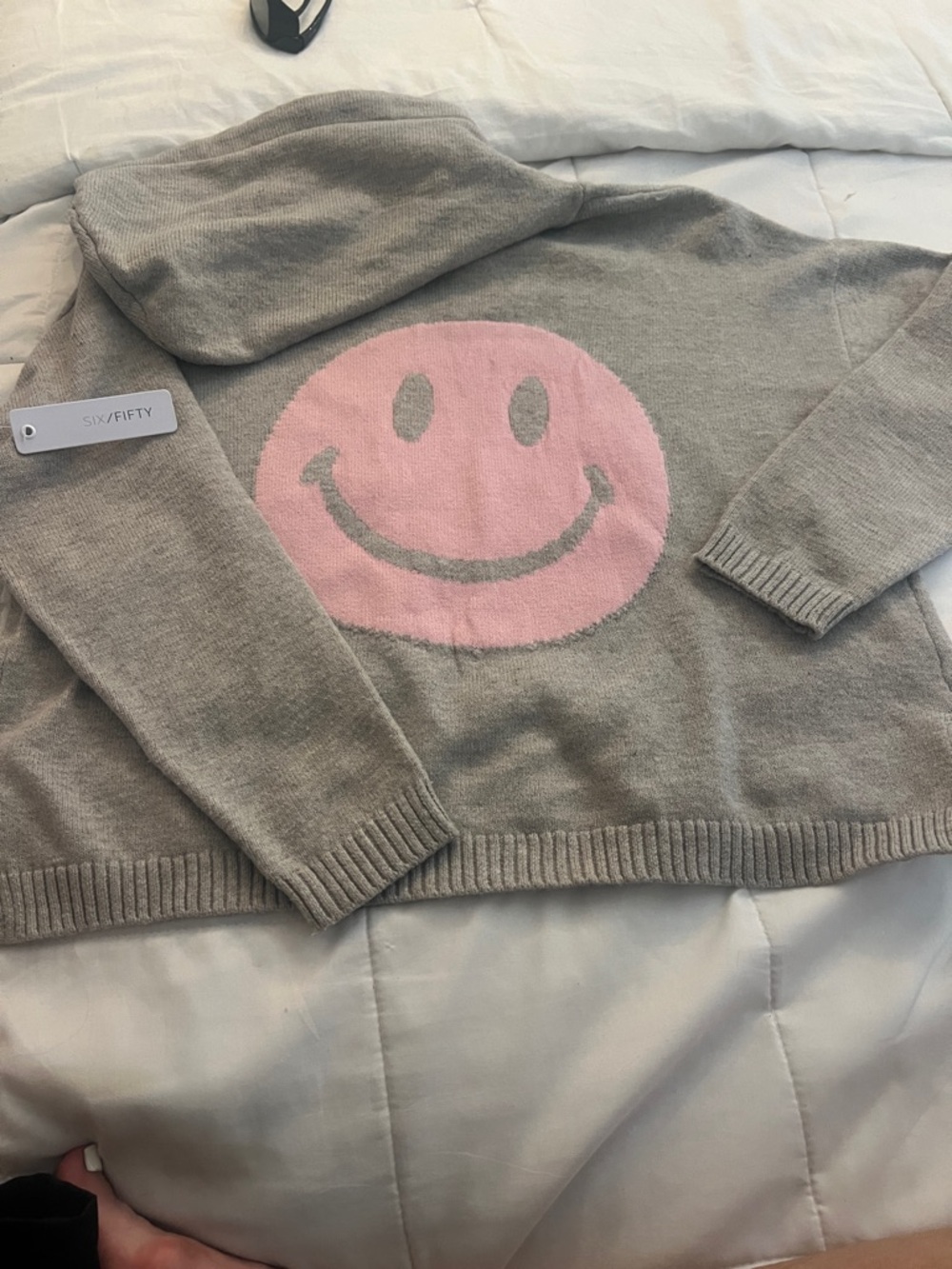 SIX/FIFTY Gray Hoodie Sweater with Pink Smiley